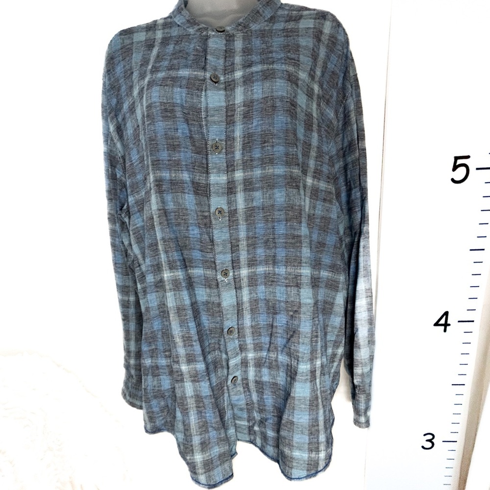 Caribbean Blue Plaid Linen Button Down Shirt‎ XL Women's